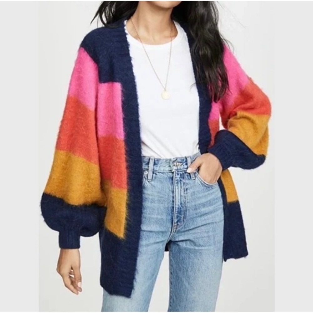 Scotch & Soda Maison Striped Mohair Blend Cardigan Balloon Sleeve Color Block M